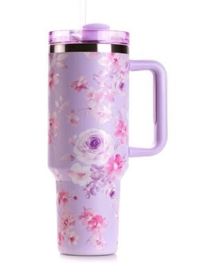 Floral Insulated Travel Mug - Lavender Purple